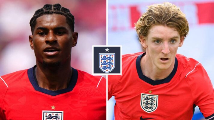 Split image of England wingers Marcus Rashford and Anthony Gordon with the England badge between them - copyright F365