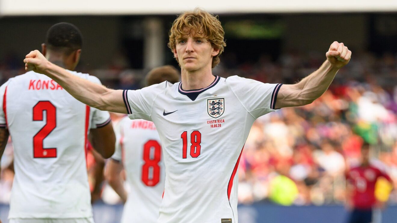 Anthony Gordon celebrates after scoring for England in a World Cup warm-up against Costa Rica