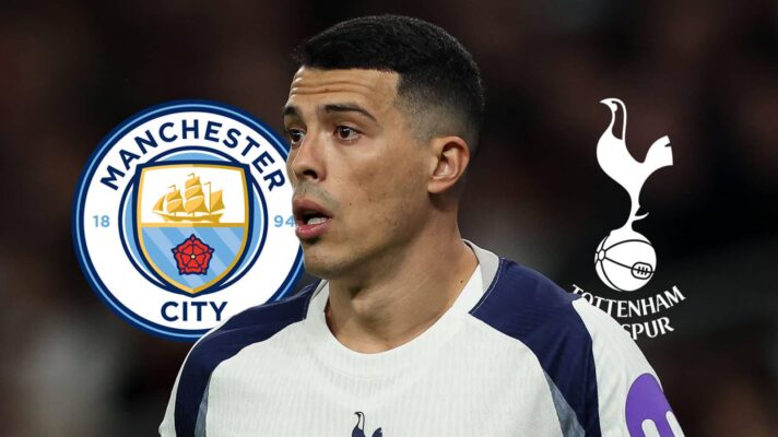 Manchester City badge, Tottenham Hotspur right-back Pedro Porro and Tottenham Hotspur badge - copyright F365