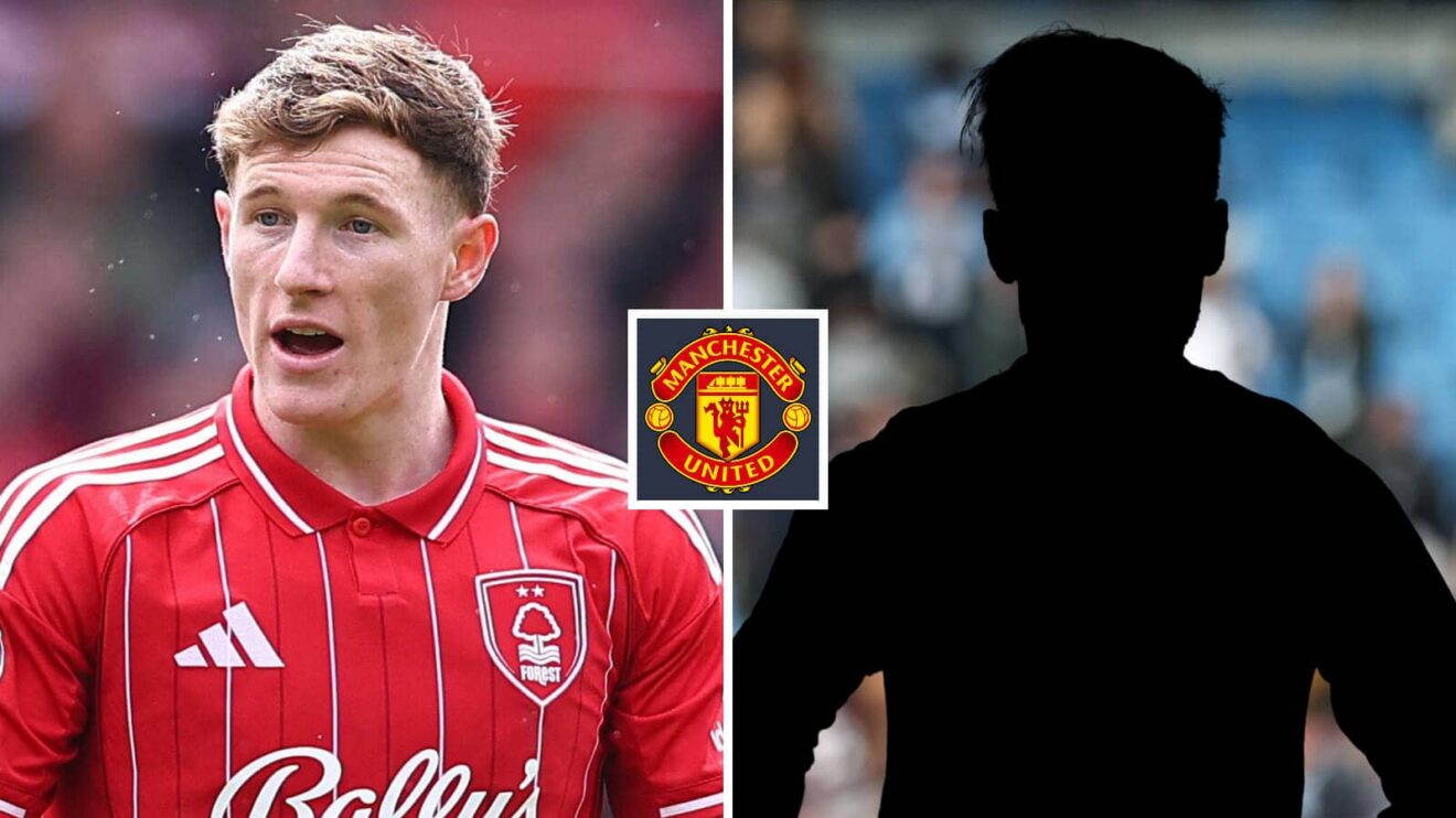 Hole image of Nottingham Timberland midfielder Elliot Anderson and also a darkness, putting on the Manchester United badge in between - copyright F365