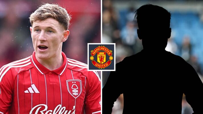 Split image of Nottingham Forest midfielder Elliot Anderson and a shadow, with the Manchester United badge in between - copyright F365