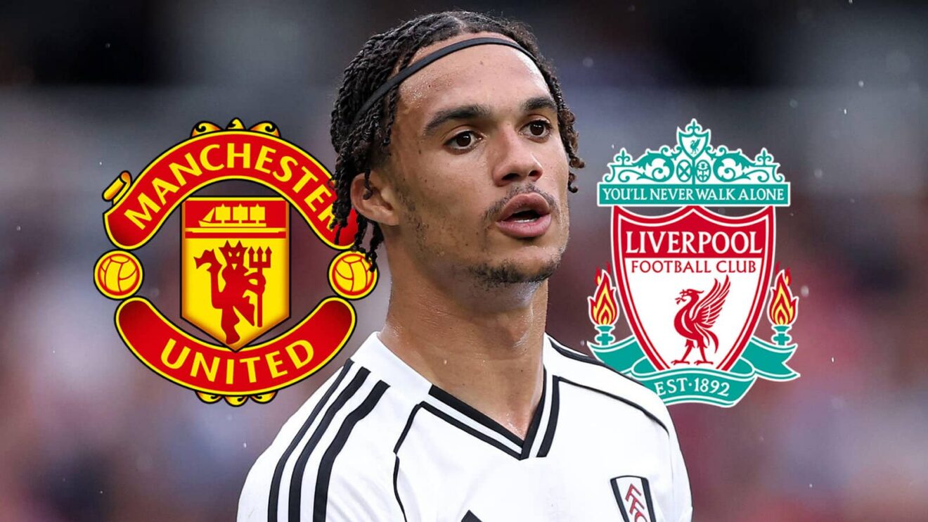 Manchester United badge, Fulham left-back Antonee Robinson and Liverpool badge - copyright F365