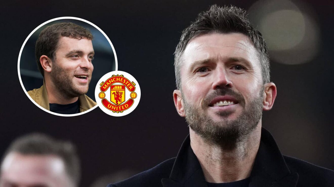 Fabrizio Romano, Manchester United badge and Manchester United manager Michael Carrick - copyright F365