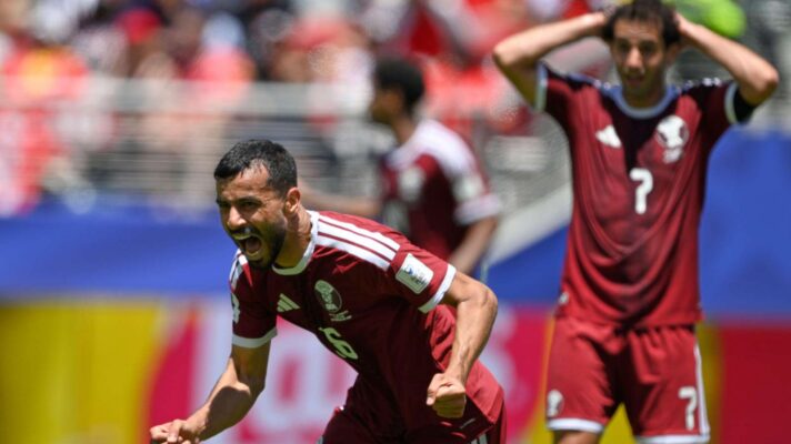 Qatar's Boualem Khoukhi celebrates after scoring