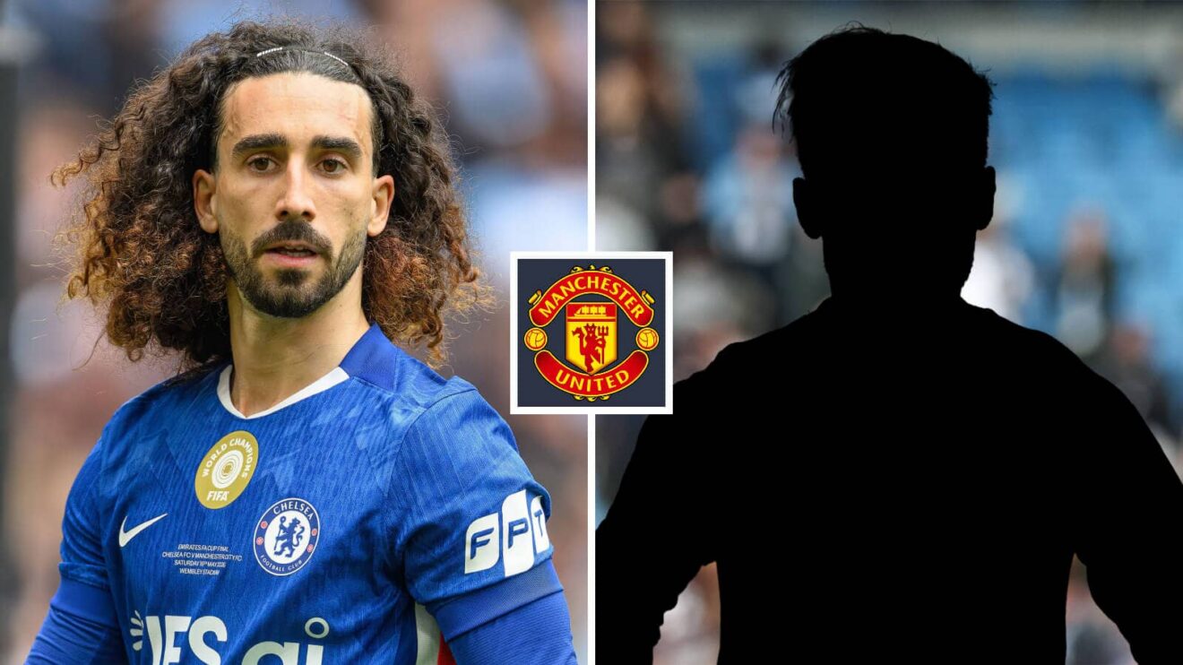 Split image of Chelsea defender Marc Cucurella and a shadow, with the Manchester United badge in between - copyright F365