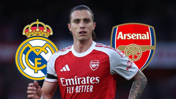 Real Madrid badge, Riccardo Calafiori and Arsenal badge - copyright F365