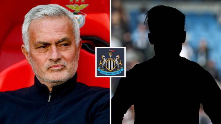 Split image of Real Madrid manager Jose Mourinho and a shadow, with the Newcastle United badge in between - copyright F365