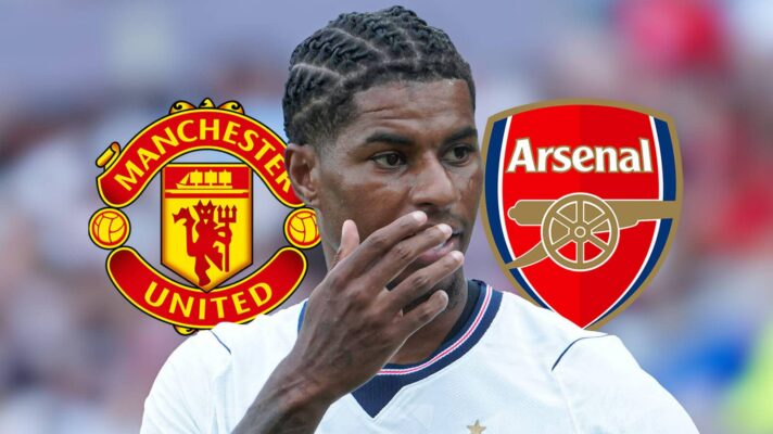 Manchester United badge, Marcus Rashford and Arsenal badge - copyright F365