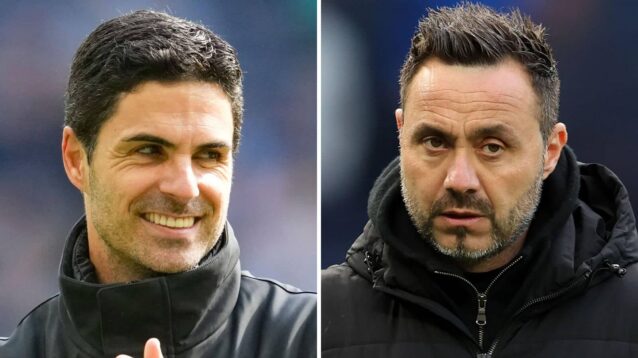 Split image of Arsenal manager Mikel Arteta and Tottenham Hotspur manager Roberto De Zerbi - copyright F365