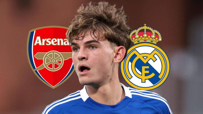 Arsenal badge, Como star Nico Paz and Real Madrid badge - copyright F365