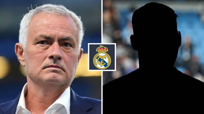 Split image of Real Madrid manager Jose Mourinho and a shadow, with the Real Madrid badge in between - copyright F365