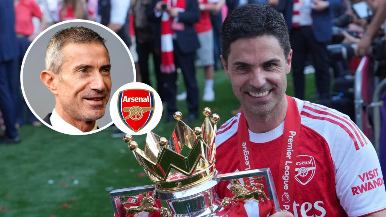 Arsenal sporting director Andrea Berta, Arsenal badge and Arsenal manager Mikel Arteta - copyright F365