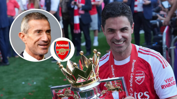 Arsenal sporting director Andrea Berta, Arsenal badge and Arsenal manager Mikel Arteta - copyright F365