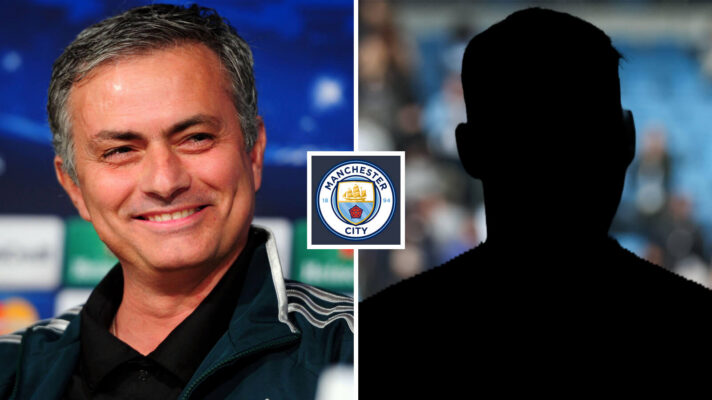 Split image of Real Madrid manager Jose Mourinho and a shadow, with the Manchester City badge in between - copyright F365