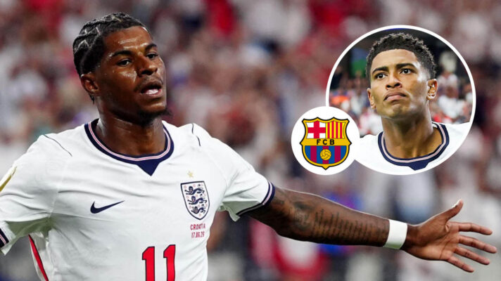 Marcus Rashford, Barcelona badge and Jude Bellingham - copyright F365