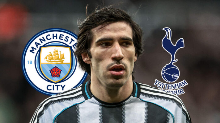 Manchester City badge, Newcastle United midfielder Sandro Tonali and Tottenham Hotspur badge - copyright F365