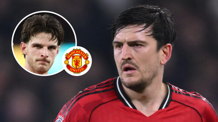 Arsenal midfielder Declan Rice, Manchester United badge and Manchester United defender Harry Maguire - copyright F365