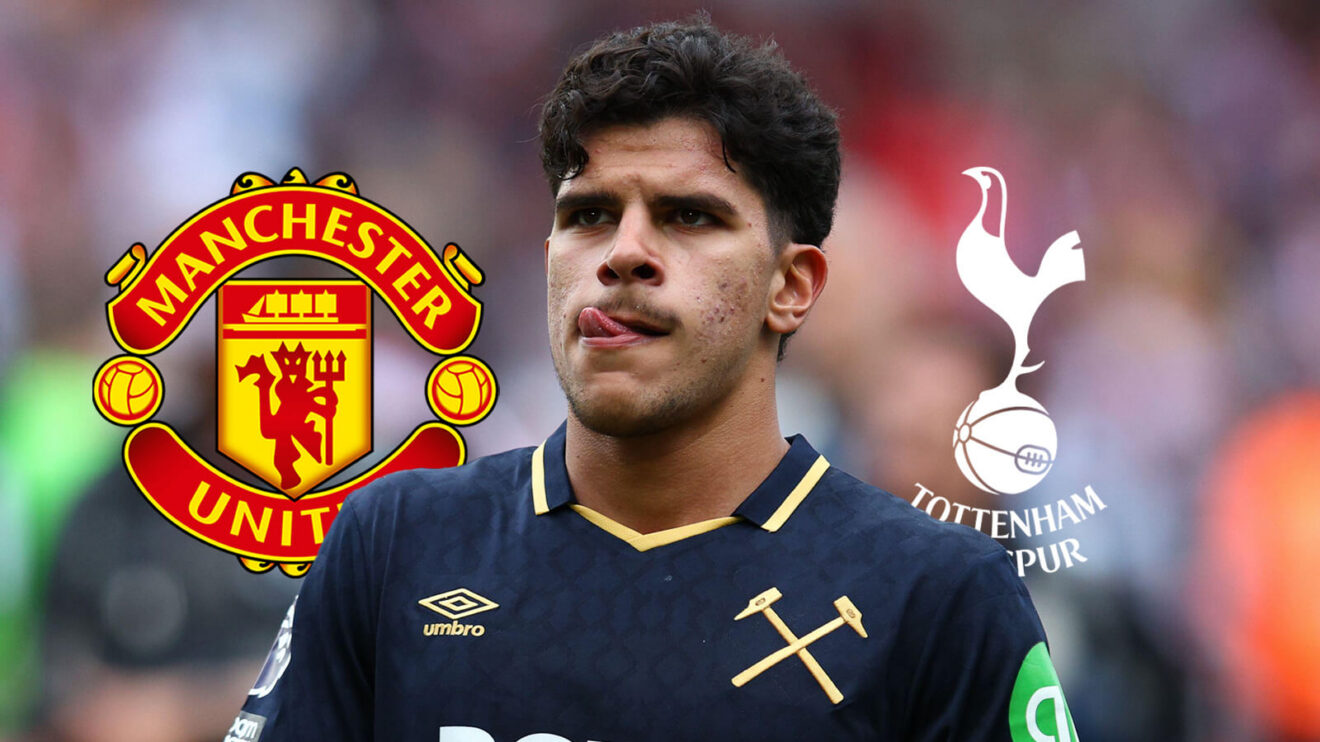 Manchester United badge, West Ham United midfielder Mateus Fernandes and Tottenham Hotspur badge - copyright F365