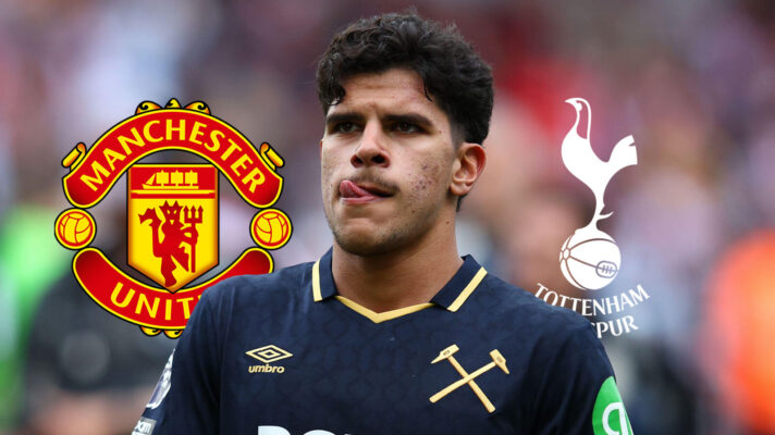 Manchester United badge, West Ham United midfielder Mateus Fernandes and Tottenham Hotspur badge - copyright F365
