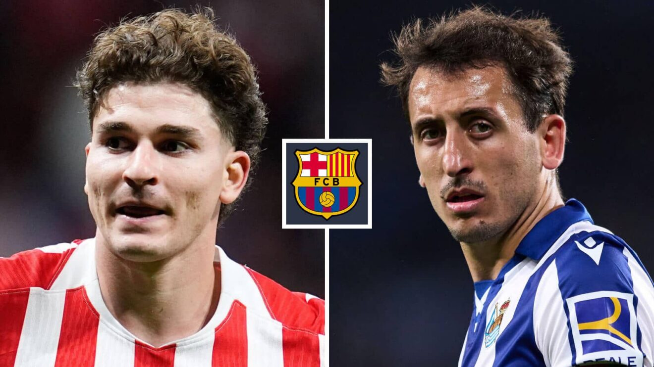 Julian Alvarez, Mikel Oyarzabal using Barcelona badge