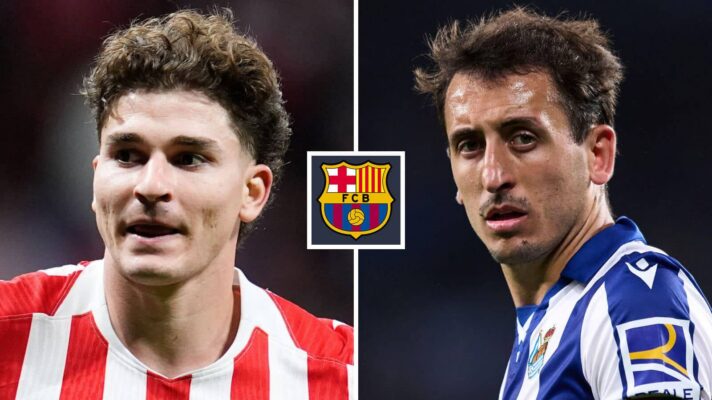 Julian Alvarez, Mikel Oyarzabal with Barcelona badge