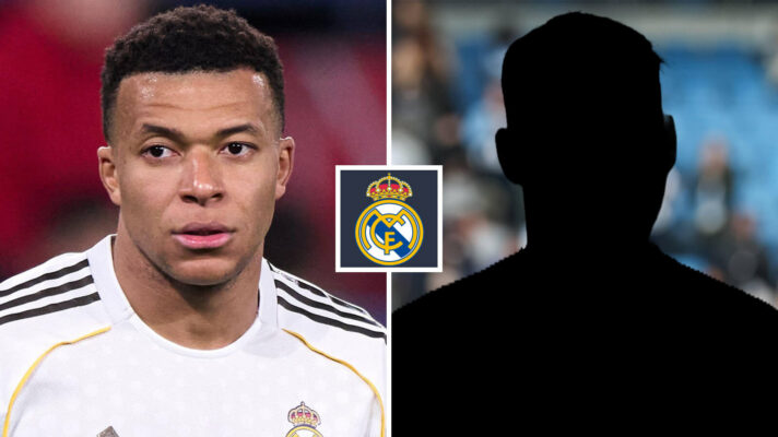 Split image of Real Madrid striker Kylian Mbappe and a shadow, with the Real Madrid badge in between - copyright F365
