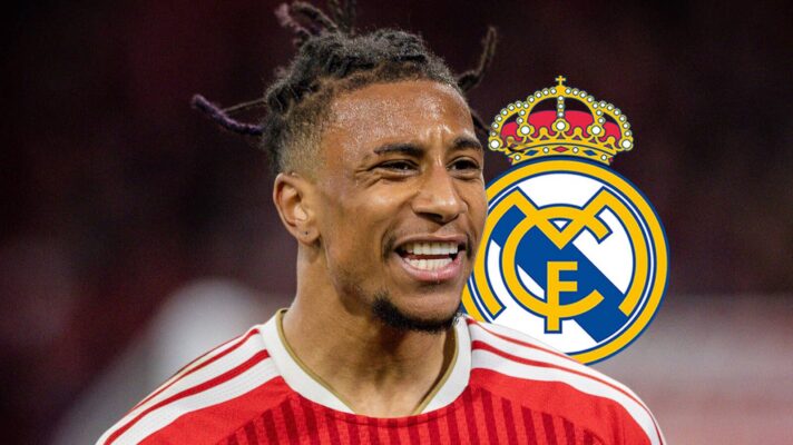 Bayern Munich winger Michael Olise next to the Real Madrid badge - copyright F365