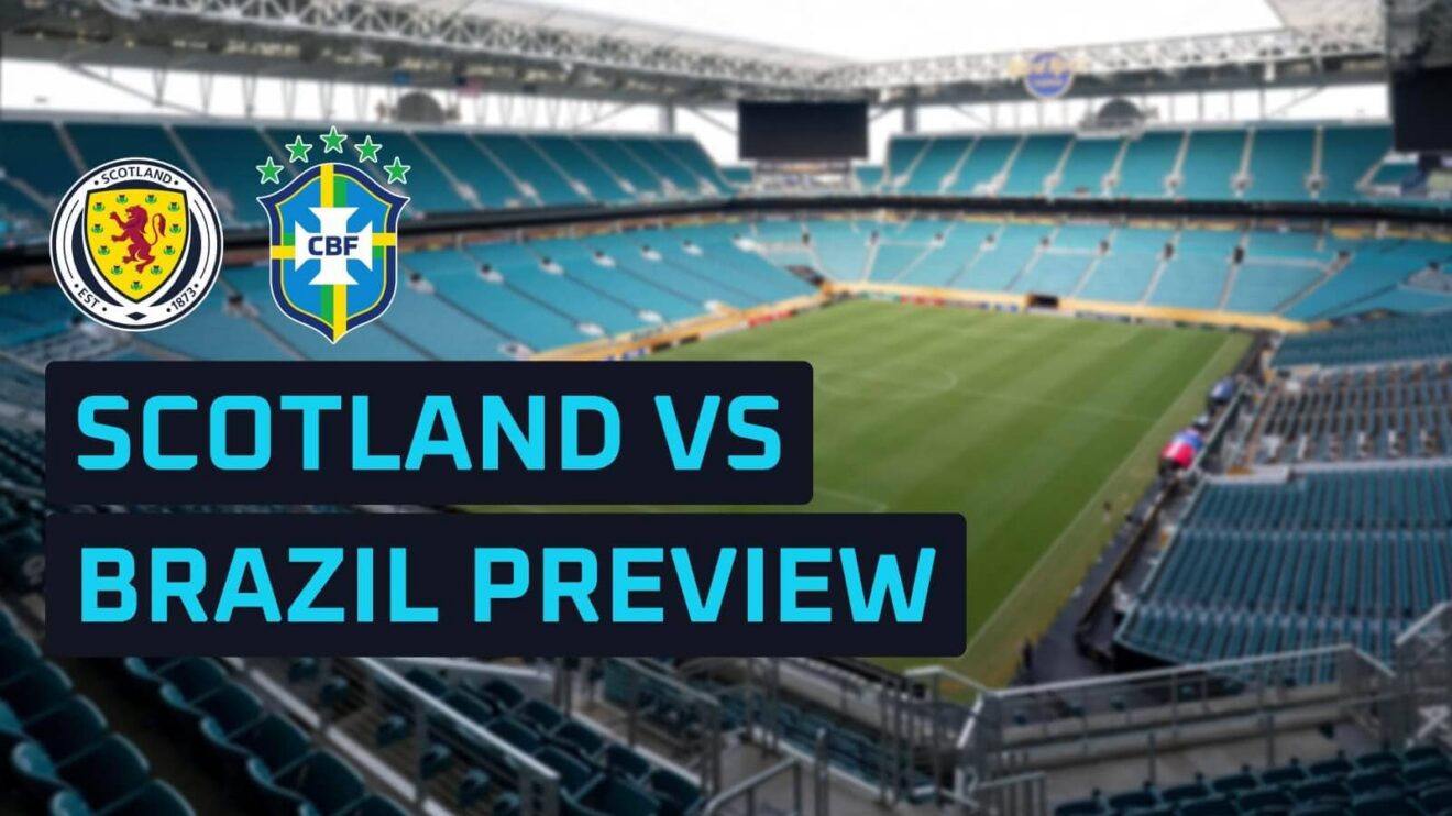 Scotland and Brazil badges on a backdrop of the Miami Stadium