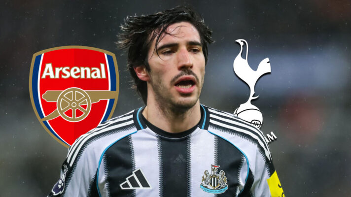 Arsenal badge, Newcastle United midfielder Sandro Tonali and Tottenham Hotspur badge - copyright F365