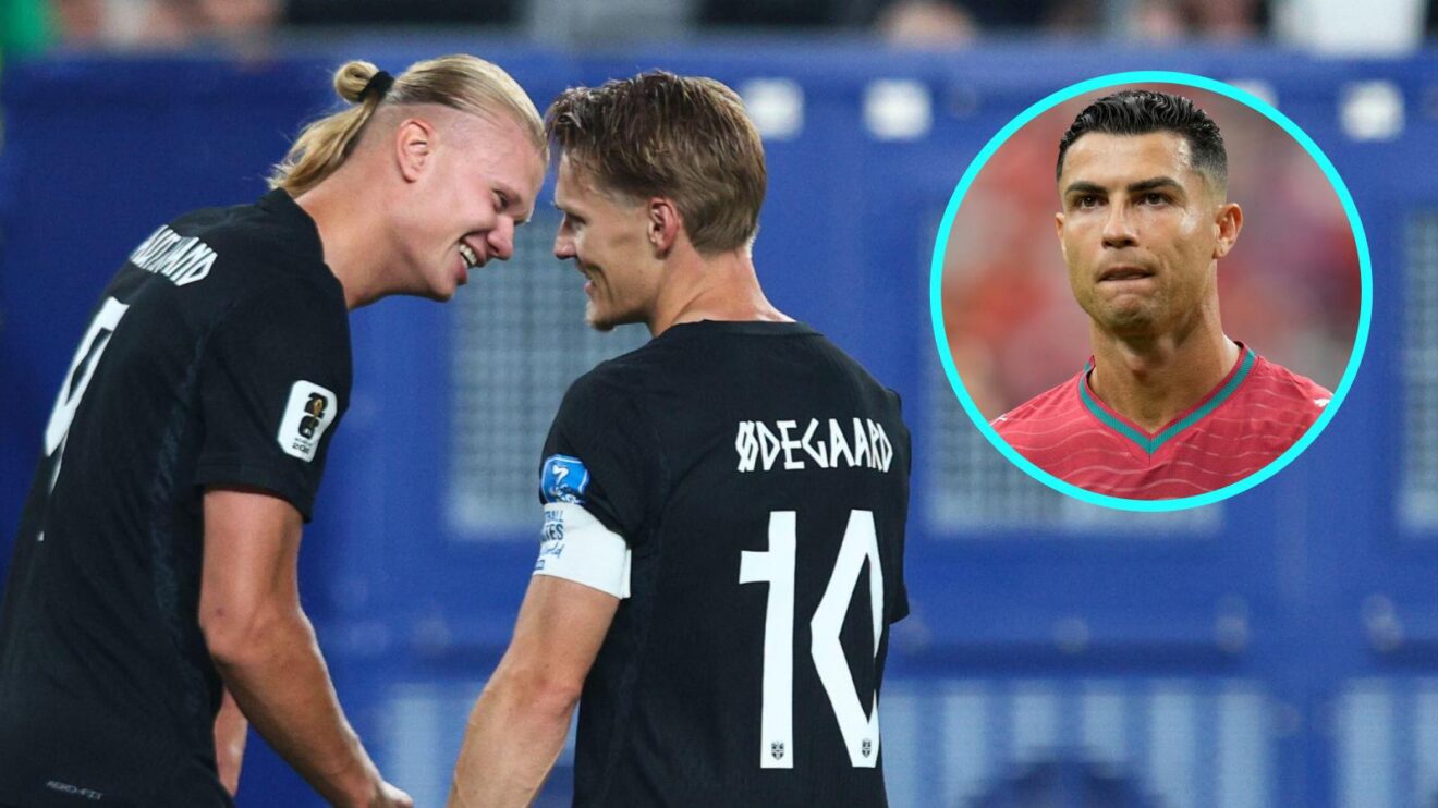 Erling Haaland and Martin Odegaard with Cristiano Ronaldo in a circle