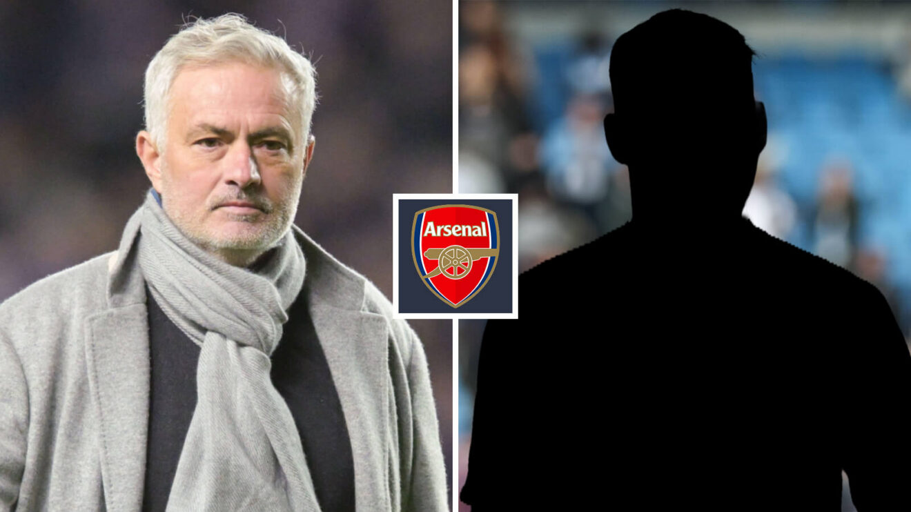 Split image of Real Madrid manager Jose Mourinho and a shadow, with the Arsenal badge in between - copyright F365