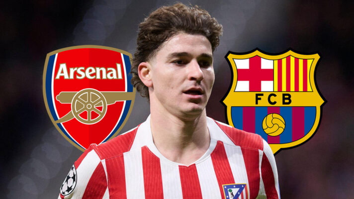 Arsenal badge, Atletico Madrid striker Julian Alvarez and Barcelona badge - copyright F365