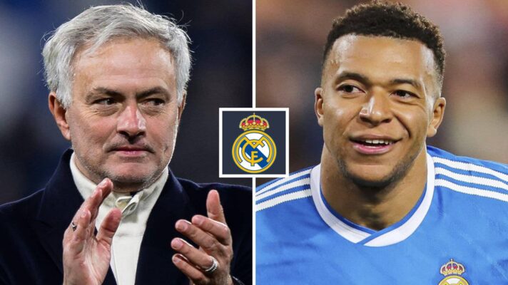 Split image of Real Madrid manager Jose Mourinho and Real Madrid striker Kylian Mbappe and the Real Madrid badge in between - copyright F365