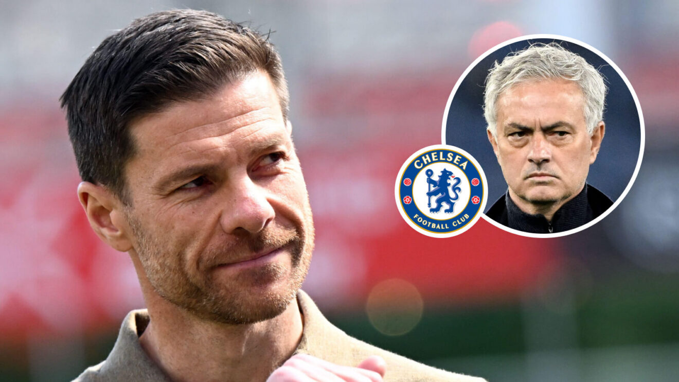 Chelsea manager Xabi Alonso, Chelsea badge and Real Madrid manager Jose Mourinho - copyright F365