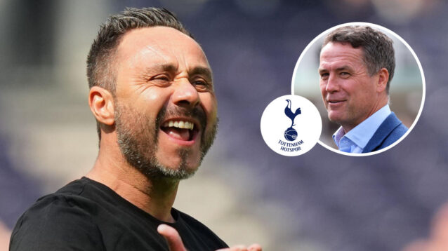 Tottenham Hotspur manager Roberto De Zerbi, Tottenham Hotspur badge and Michael Owen - copyright F365