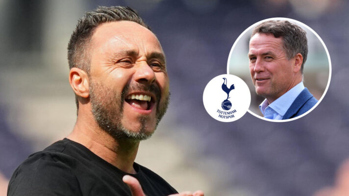 Tottenham Hotspur manager Roberto De Zerbi, Tottenham Hotspur badge and Michael Owen - copyright F365