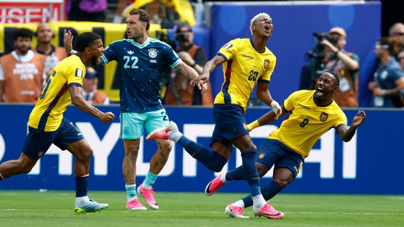 Nilson Angulo celebrates his equaliser for Ecuador against Germany.