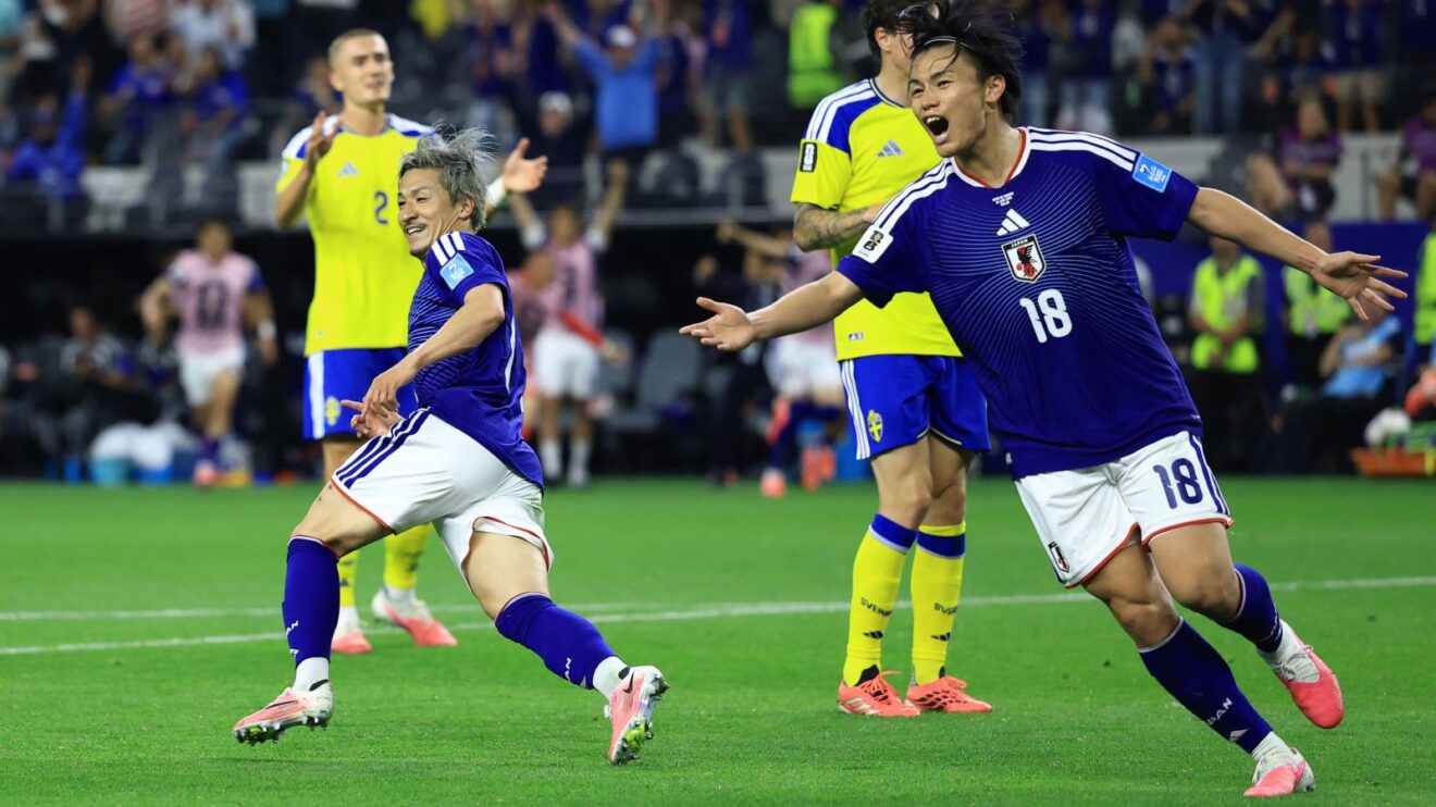 Daizen Maeda celebrates scoring for Japan against Sweden.