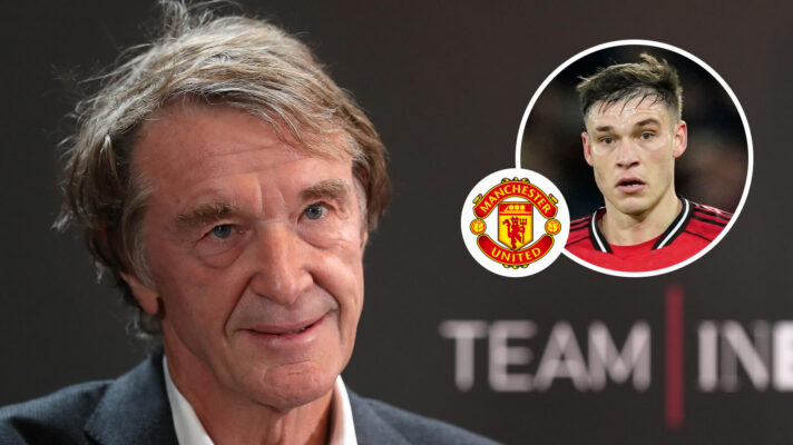 Manchester United co-owner Sir Jim Ratcliffe, Manchester United badge and midfielder Manuel Ugarte - copyright F365