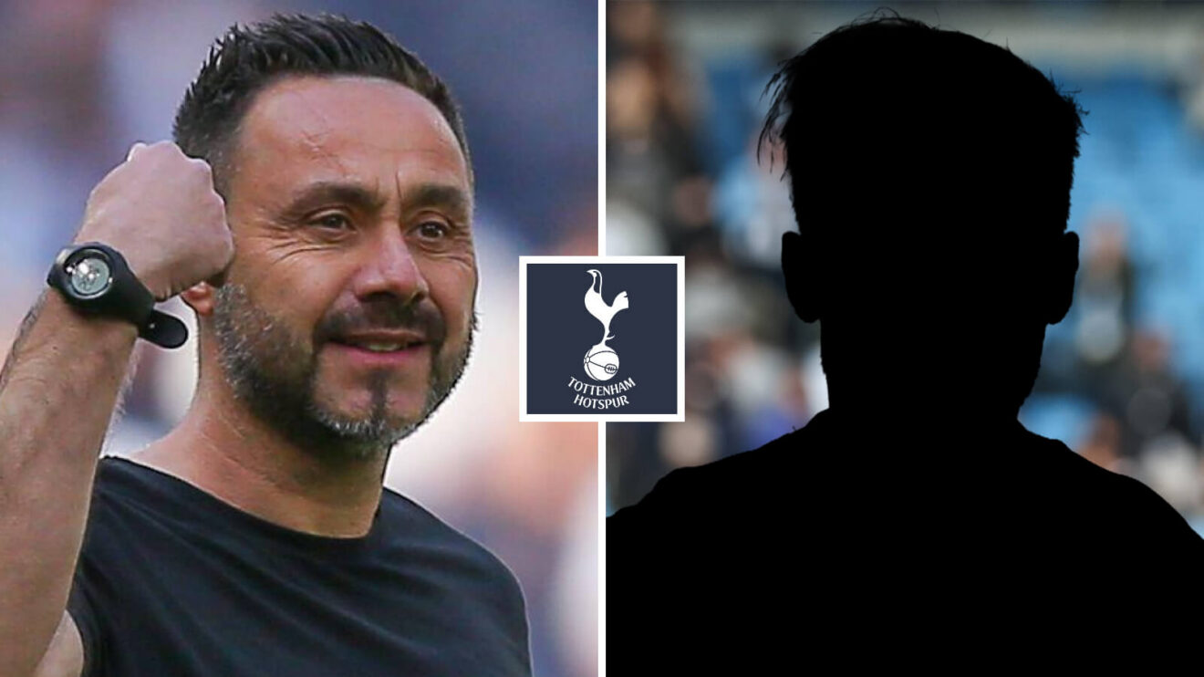 Split image of Tottenham Hotspur manager Roberto De Zerbi and a shadow, with the Tottenham Hotspur badge in between - copyright F365