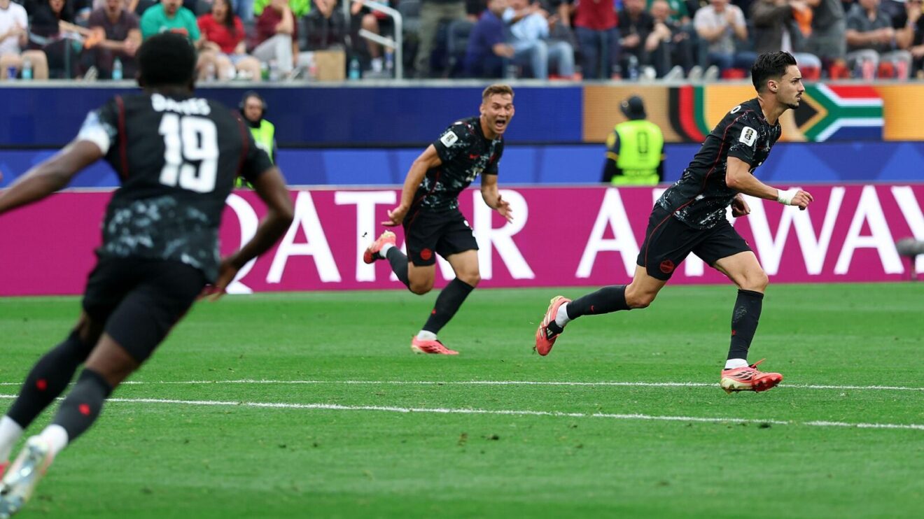 Stephen Eustaquio wheels away in celebration after scoring a late winner for Canada against South Africa in a 2026 World Cup last-32 clash