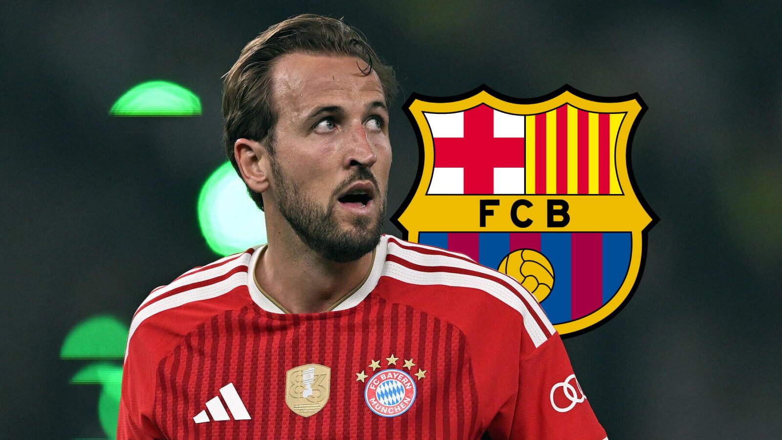 Harry Kane with Barcelona badge