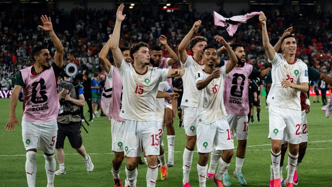 Morocco celebrate their shoot-out victory in the last 32 of the 2026 World Cup