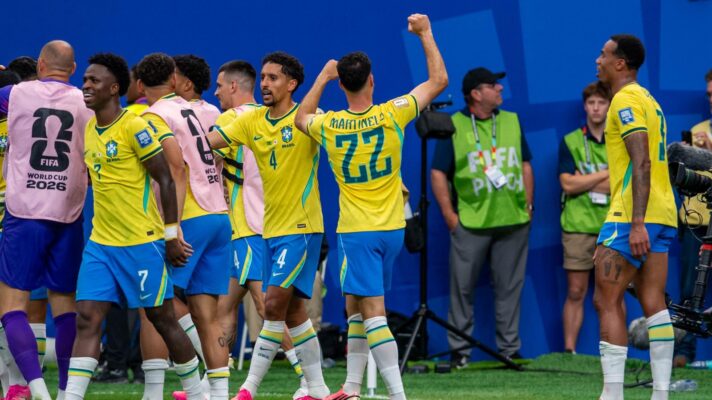 Brazil celebrate after scoring winning goal