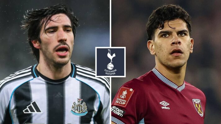 Newcastle midfielder Sandro Tonali and West Ham midfielder Mateus Fernandes, Tottenham badge