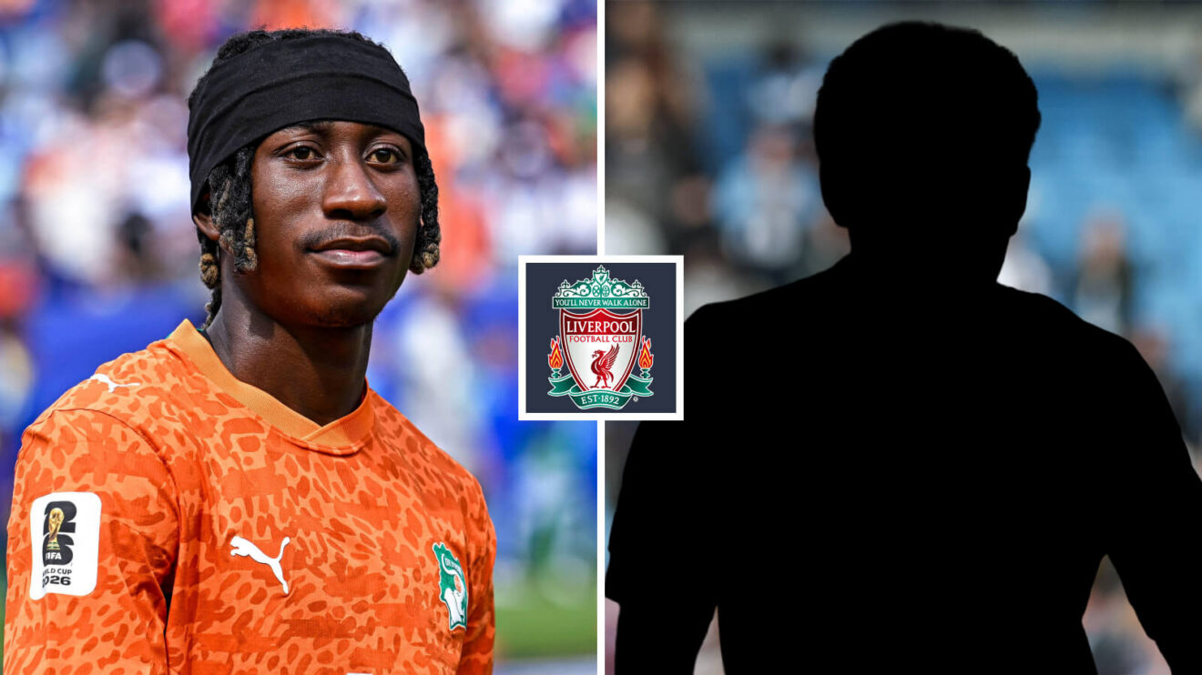 Crater image of RB Leipzig winger Yan Diomande and a shadow, via the Liverpool badge in between - copyright F365