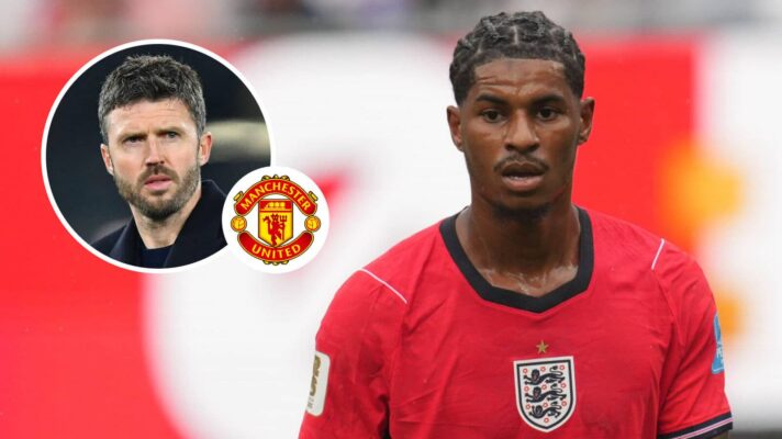 Manchester United manager Michael Carrick, Manchester United badge and Marcus Rashford - copyright F365