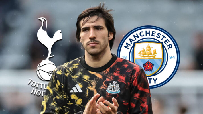 Tottenham Hotspur badge, Newcastle United midfielder Sandro Tonali and Manchester City badge - copyright F365