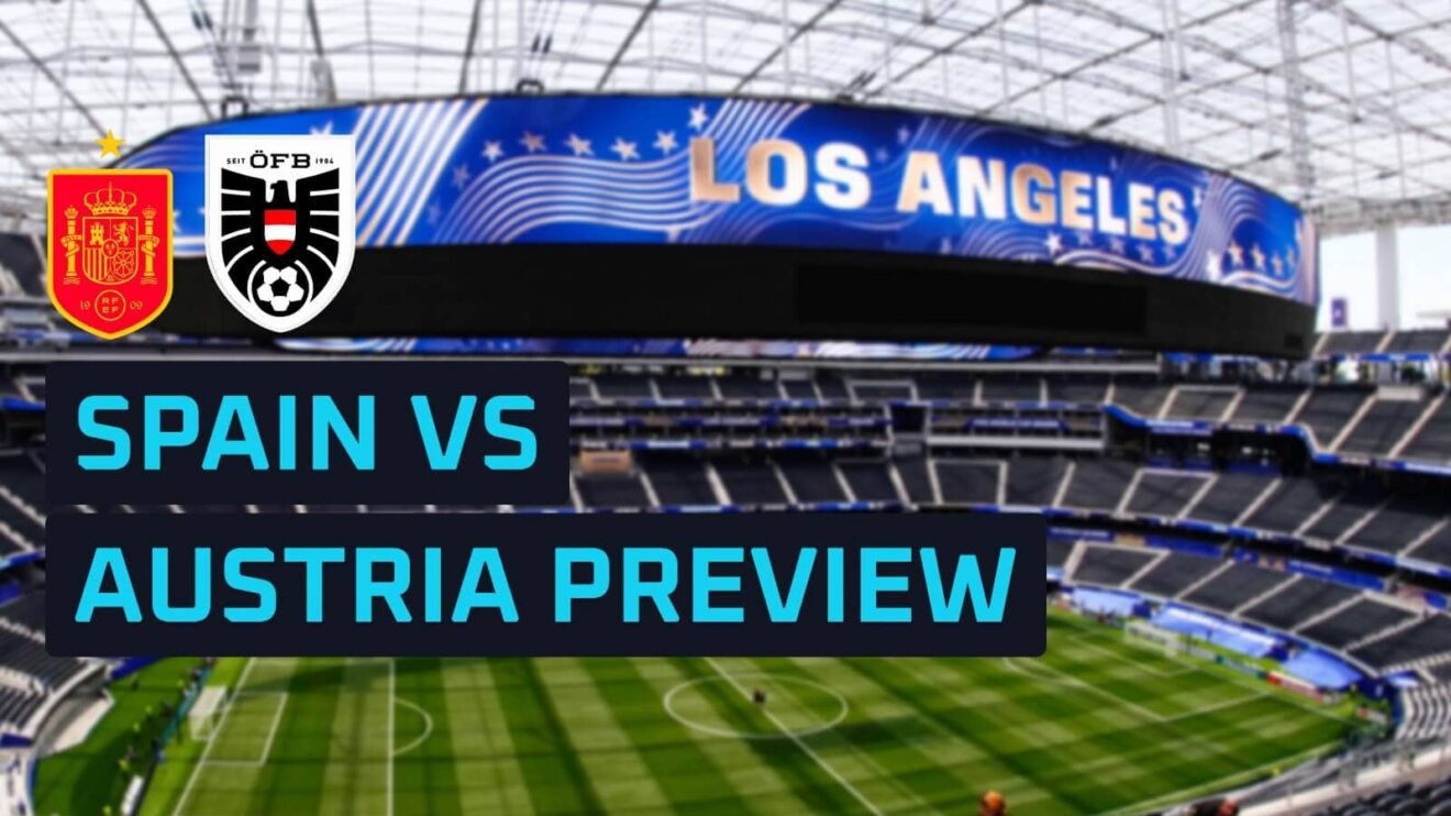 Spain and Austria badges on a backdrop of the Los Angeles Stadium