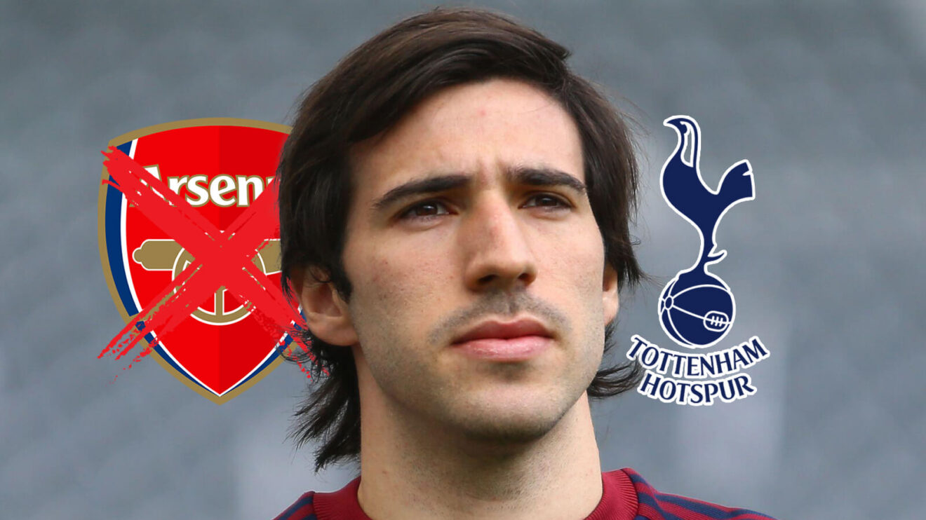 Crossed out Arsenal badge, Newcastle United midfielder Sandro Tonali and Tottenham Hotspur badge - copyright F365
